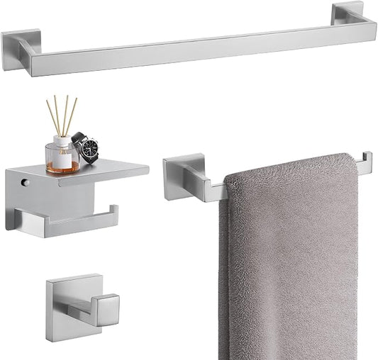 TURS Bathroom Hardware Set 4-Piece Brushed Bath Towel Bar Set Include 24 Inch Towel Bar Hand Towel Holder Towel Hook Toilet Paper Holder with Shelf Stainless Steel Bathroom Accessories Set