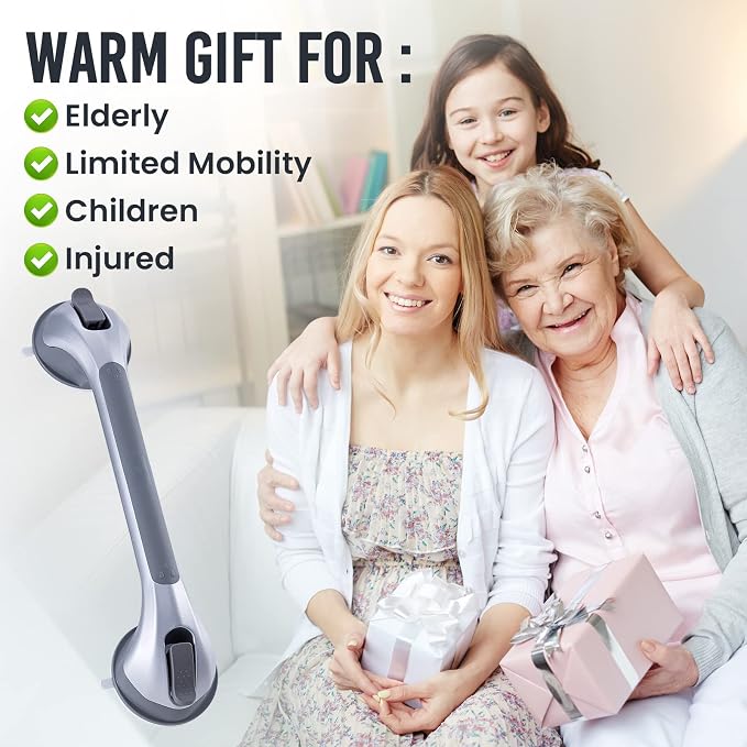 TAILI Shower Grab Bar 16 Inch Suction Cup Grab Bars for Bathroom, Removable Shower Safety Handle Heavy Duty Bathtub Grip for Seniors & Elderly, Strong Handrails No Drilling Waterproof, Silver,G9