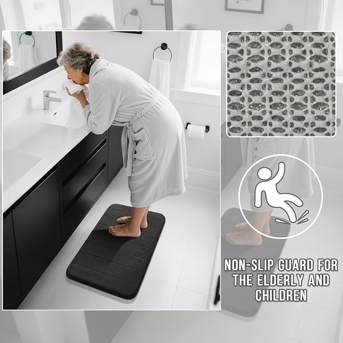 Yimobra Memory Foam Bathroom Rugs Sets 2 Piece - Super Soft Absorbent Quick Dry Bath Mat Set, Machine Washable Non Slip Floor Carpet for Tub Shower & Single Sink (17x24 & 31.5x20 Inch, Black)