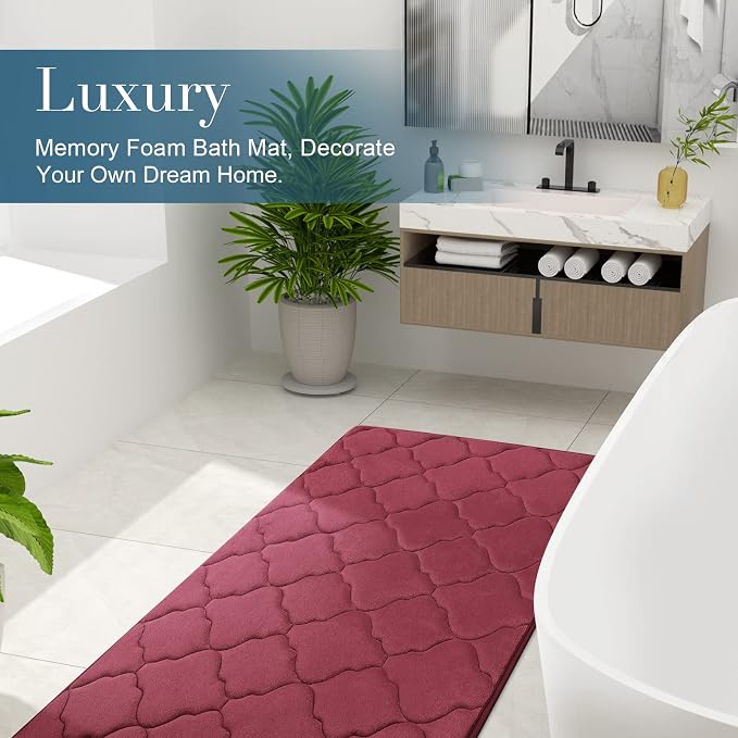 OLANLY Memory Foam Bath Mat Rug 47x32, Ultra Soft Bathroom Rugs, Burgundy | Thick Absorbent Carpet, Non-Slip Backing, Machine Washable, for Bathroom Floor, Tub, Shower and Home Decor Accessories