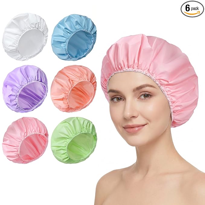 6 PCS Shower Capsfor Women, Reusable Waterproof Bath Caps | Double Side Water-resistant PEVA Hair Cap , Bath Accessories, Spa, Travel, Environmental Protection - Candy Color