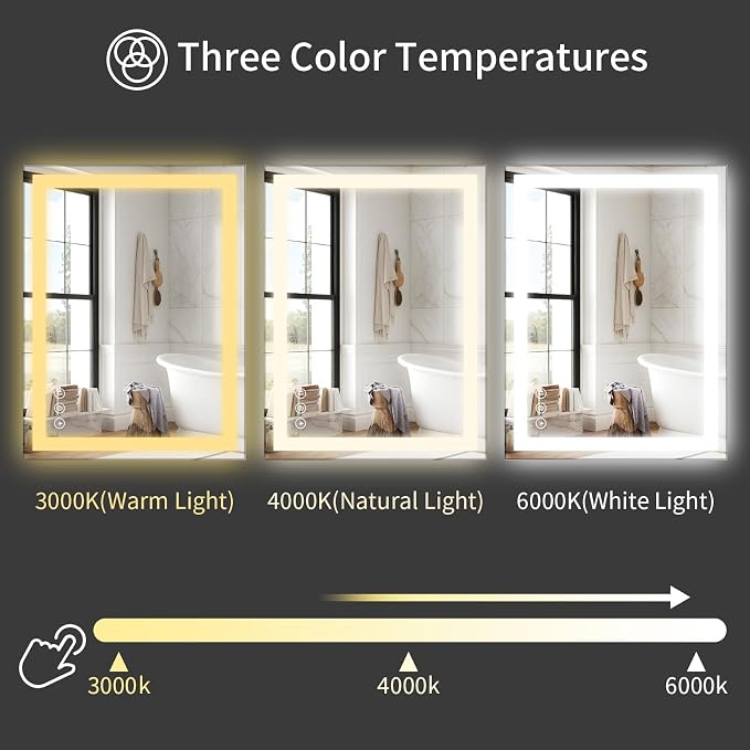 Koonmi 38x26 LED Bathroom Mirror with Light, Anti-Fog, 3 Colors | Backlit + Front Lit, Dimmable Brightness, Shatterproof HD Distortion-Free Tempered Glass, Hardware Included