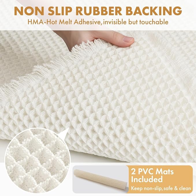 MIULEE Set of 2 Waffle Bathroom Rugs Boho Bath Mat White 18x30 Inch | Non Slip, Super Absorbent, Washable, Ultra Soft, Rubber Backed Bath Rugs for Bathroom Floor Tub Shower