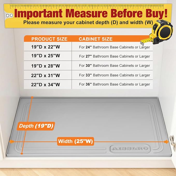 Aisslro Under Sink Mat 25" X 19", Waterproof Silicone Under Sink Mats for Kitchen, Anti-Leak Shelf Liner & Cabinet Protector with Raised Edge, [BPA Free] Bathroom Tray Home Organizer, Gray
