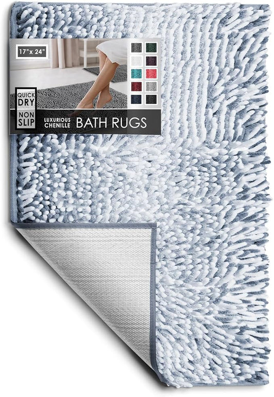 Hearth & Harbor Bathroom Rugs, Chenille Bath Mat - Machine Washable Bath Mats for Bathroom Non-Slip Backing Rubber, Quick Dry Bathroom Mat, 17 x 24 - Ombre Blue