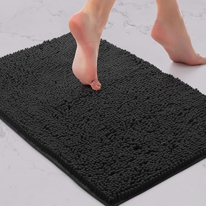LuxUrux 4-Piece Bathroom Rug Set - Soft Chenille Mats, Non-Slip Toilet Mat & Lid Cover for Comfort & Style (20x20 U, 16x24, 20x30 & 19x19 inches, Black)