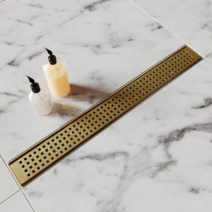 Shower Drain, 32 Inch Titanium Gold Linear Shower Drain with Removable Square Hole Cover Grate, Bathroom 304 Stainless Steel Brushed Gold Shower Floor Drain with Adjustable Feet,Hair Filter
