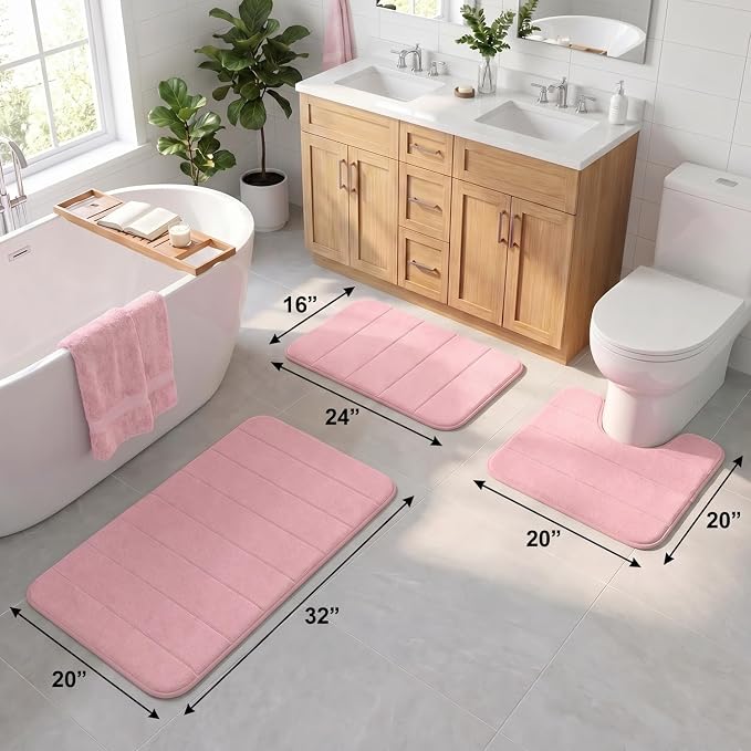 Bathroom Rugs Set 3 Piece, Memory Foam Bath Rugs, Non Slip Washable Bathroom Rug Set, Extra Soft Absorbent Bath Mats with U-Shaped Toilet Rug, Pink