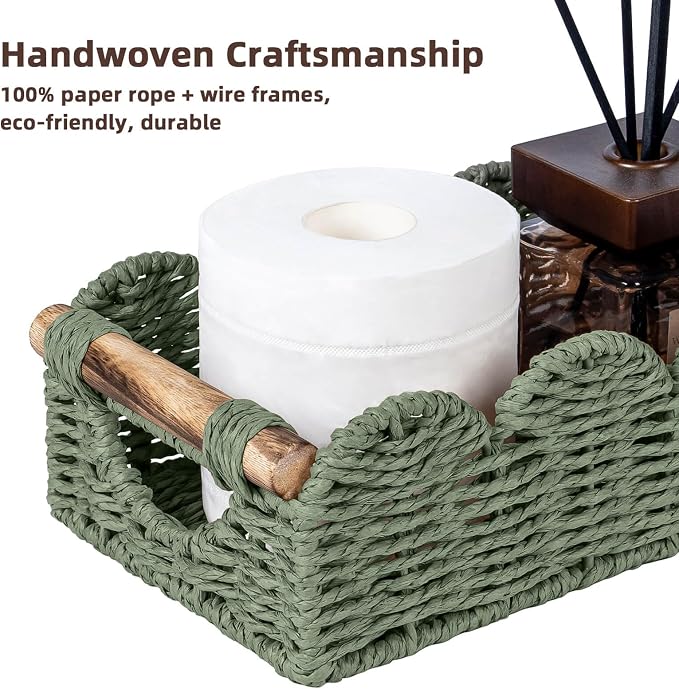 CubesLand Bathroom Basket Organizer w/Cut Out Handle, Back of Toilet Paper Storage Baskets Tray for Bathroom Countertop Decorative, Scalloped Wicker Basket Also for Home Decor, Living Room, Green