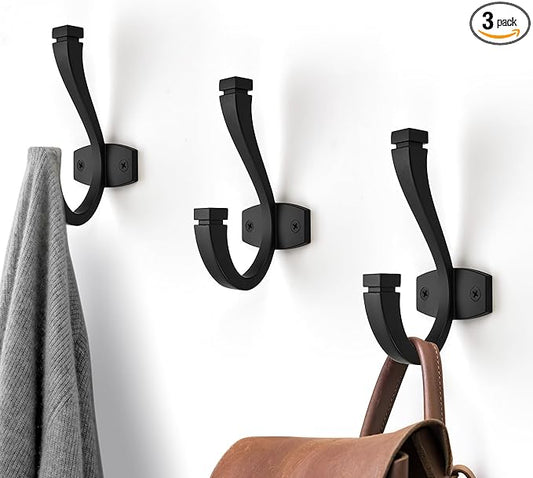 SAILING Coat Hooks - 3 Pack Matte Black Towel Hooks Robe Hooks Decorative Wall Hooks for Bathroom Bedroom Kitchen Towel Robe Clothes Cabinet Closet Bathroom Hardware