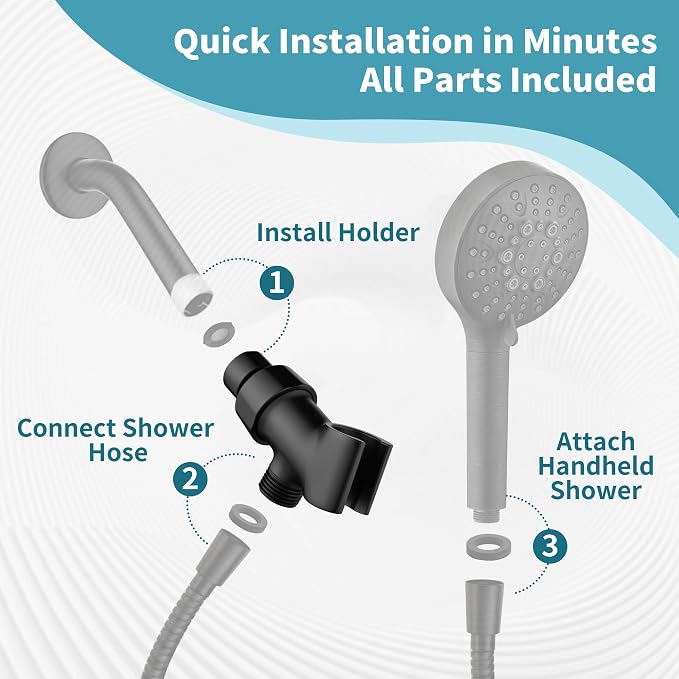 BRIGHT SHOWERS All Metal Handheld Shower Head Holder, Adjustable Shower Arm Mount with 360 Degree Rotatable Brass Ball Joint and Hose Connector, Universal Wall Hook Bracket, Matte Black