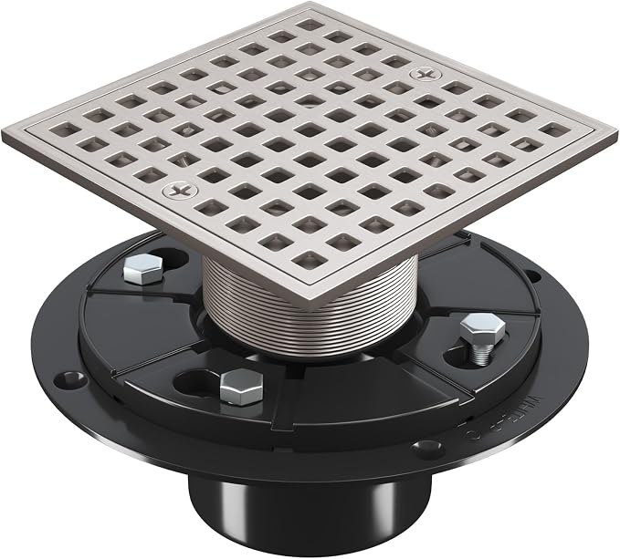 4 Inch Shower Floor Drain with Flange - Square Shower Drain with Hair Strainer - Removable Grid Strainer Cover - SUS304 Stainless Steel - Brushed Nickel