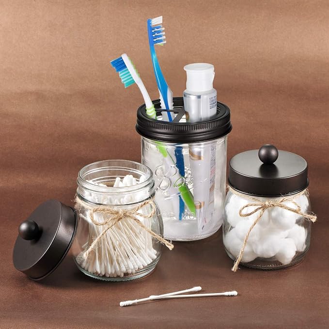 [Wide Mouth ONLY] SheeChung 2 Pack Mason Jar Toothbrush Holder Lid - Rustproof 304 Stainless Steel for Ball Mason Jar or Any Pint. Jar, Farmhouse Decor Bathroom Accessories Set - Bronze