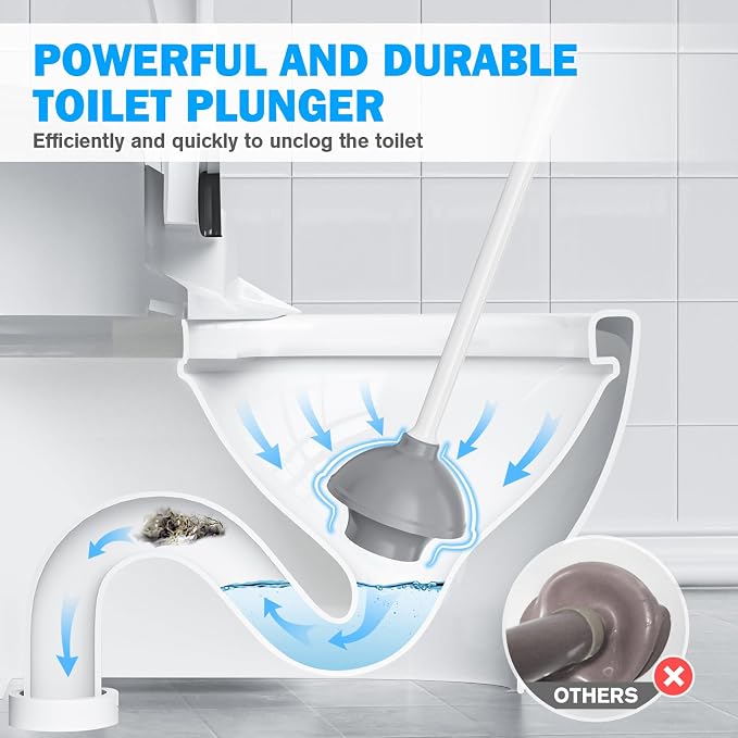 Toilet Plunger and Brush Set, Silicone Bowl Brush and Heavy Duty Toilet Plunger with Ventilated Holder, 2-in-1 Toilet Brush and Plunger Combo for 5.3-inch Toilet Drain Bathroom Deeply Cleaning