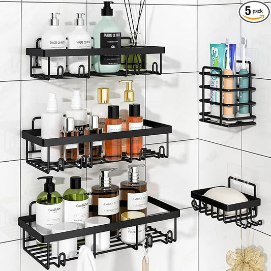 Liuoud 5 Pack Shower Caddy Organizer Rack Shelf for Inside Shower, Adhesive Bathroom Wall Storage Basket Rustproof Stainless Steel Shampoo Holder, Bathroom Accessory Decor Set, Black.