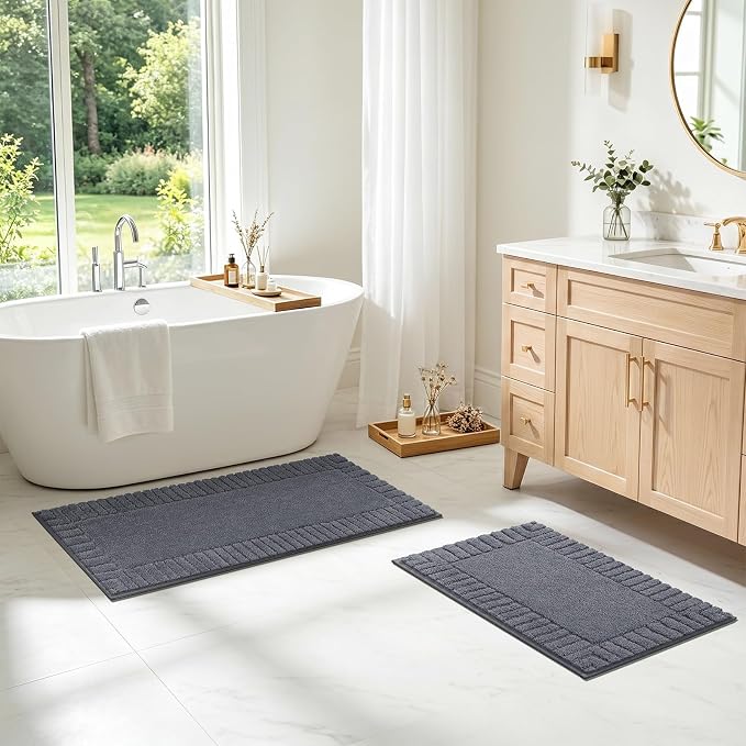 Pauwer Bathroom Rugs Sets 2 Piece, Non Slip Plush Bath Mats, Dark Grey | Machine Washable Shower Rugs, Absorbent Quick Dry Floor Mat for Bath Floor Tub and Shower