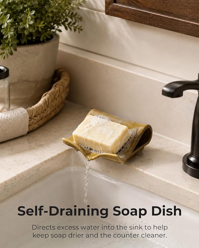 Zoeeker Ceramic Soap Dish for Shower, Bar Soap Holder with Drain Spout | Self Draining Soap Saver for Bathroom Kitchen Sink Bathtub, Sponge Holder, Waterfall Drying Tray Extends Soap Life, Yellow