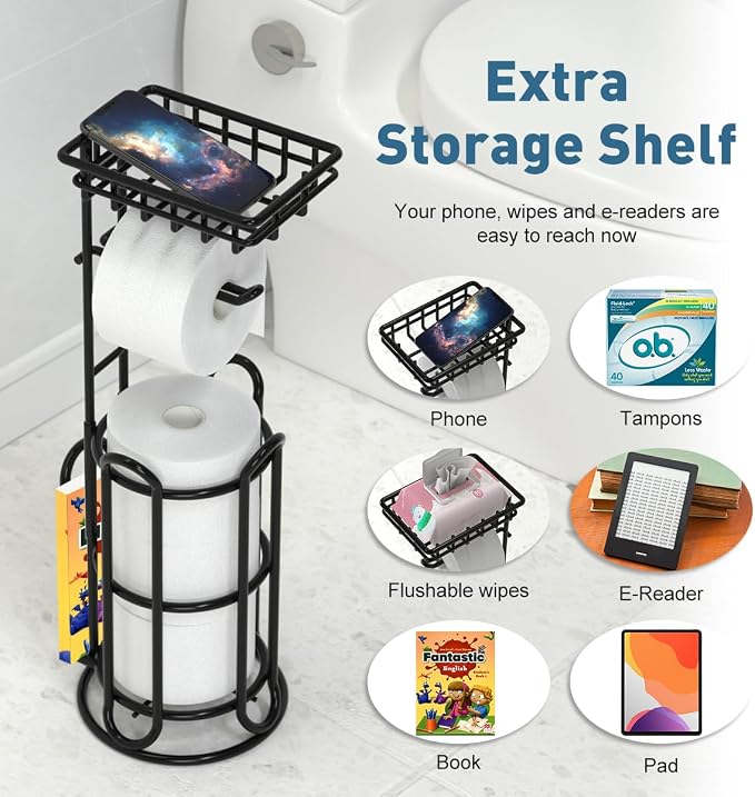[Upgrade] Toilet Paper Holder Stand with Shelf Tissue Holders for Bathroom Free Standing Bath Tissue Roll Holder Magazine Rack for Mega Rolls/Phone/Wipe-Black