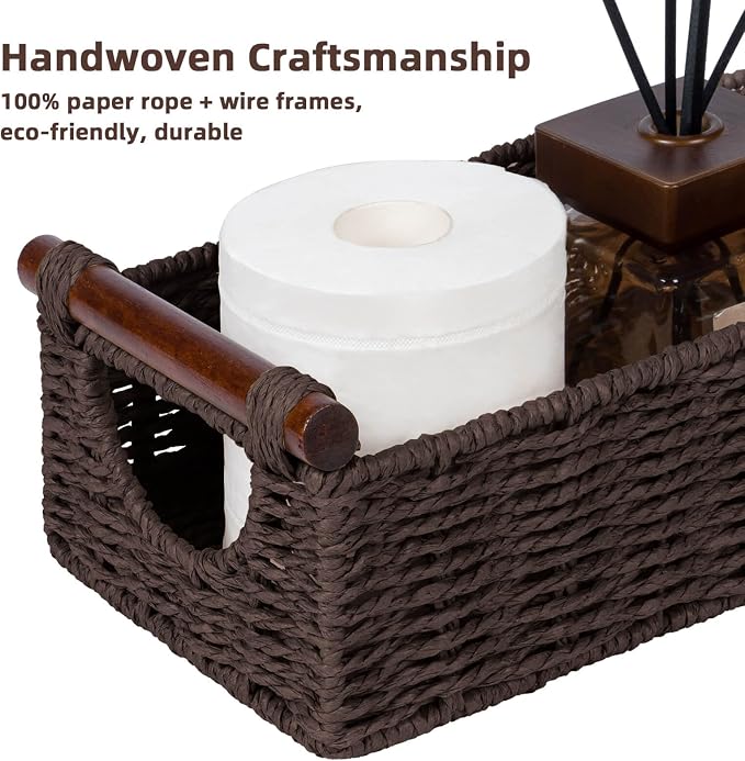 CubesLand Small Wicker Toilet Basket Tray Organizer W/Cut Out Handle, Handwoven Slim Decorative Basket for Countertop, Shelves And for Rustic Home Decor, Living Room, Nursery Organization, Brown