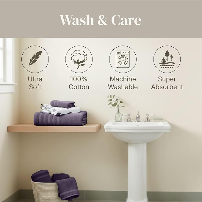 Modern Threads 6 Piece Bath Towel Set – Bathroom Set with 2 Bath Towels, 2 Hand Towels, and 2 Wash Cloths – 100% Cotton, Super Absorbent & Extra Soft – Reversible Natural Vine (Purple)