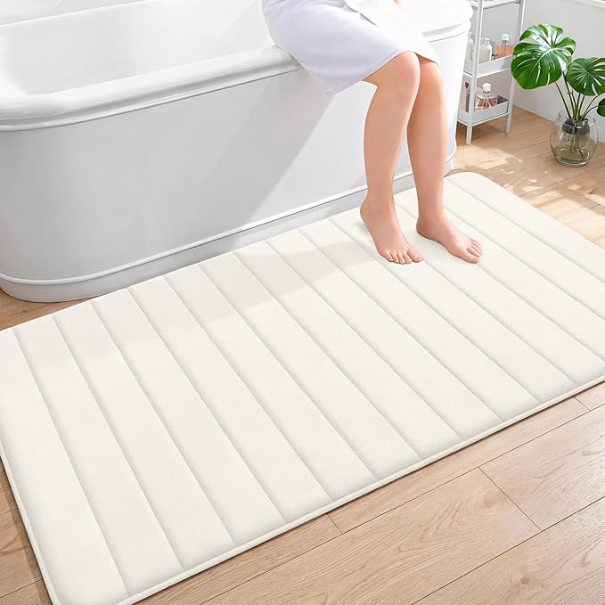 OLANLY Memory Foam Large Bath Mat 59x34, Super Soft Absorbent Bathroom Rugs | Ivory, Quick Dry Bath Rug, Machine Washable Shower Floor Mats, Bathmat Carpet for Bathroom Floor, Tub and Shower