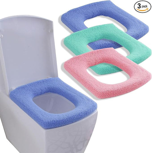 3 Pack Thickened Toilet Seat Cover Pads - Soft, Stretchable, Washable, Warm, Comfortable Bathroom Toilet Seat Covers for Round & Elongated 14x18” Toilets, Non-Slip, Durable