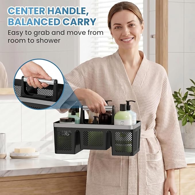 BYUNER Plastic Shower Caddy Dorm: Portable Cleaning & Shower Caddy with Handle, 4 Divided Compartments, All-Side Drainage, Rigid Plastic Basket Tote for College Dorm & Bathroom Use, Black/Silver
