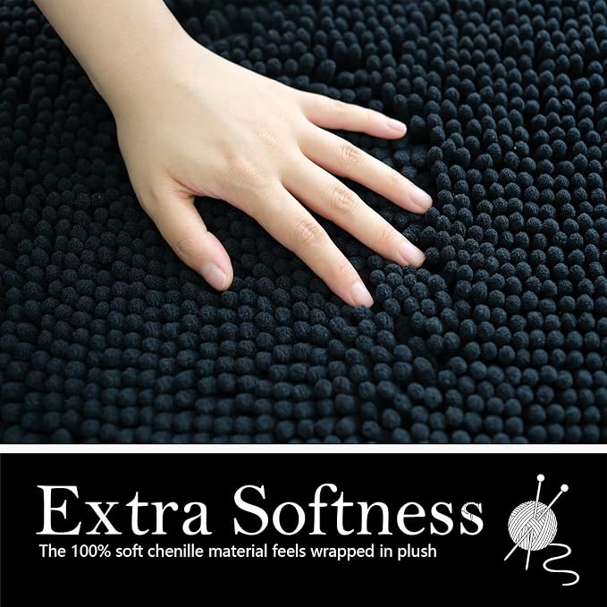 Bathroom Rugs Chenille Bath mat 3 Piece Set, Super Absorbent, Strong PVC Non Slip Backing, Bath mats for Bathroom, Plush Shaggy, Thick, Machine Washable, Bathtub, Shower, Toilet, Black
