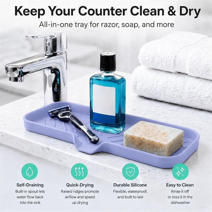 MicoYang Silicone Soap Dish with Drain Spout — Self-Draining Double Sink Organizer Tray for Kitchen & Bath, Dispensers, Sponges & Soap Holder, Non-Slip & Dishwasher Safe, Light Purple (Large, 12"×4")