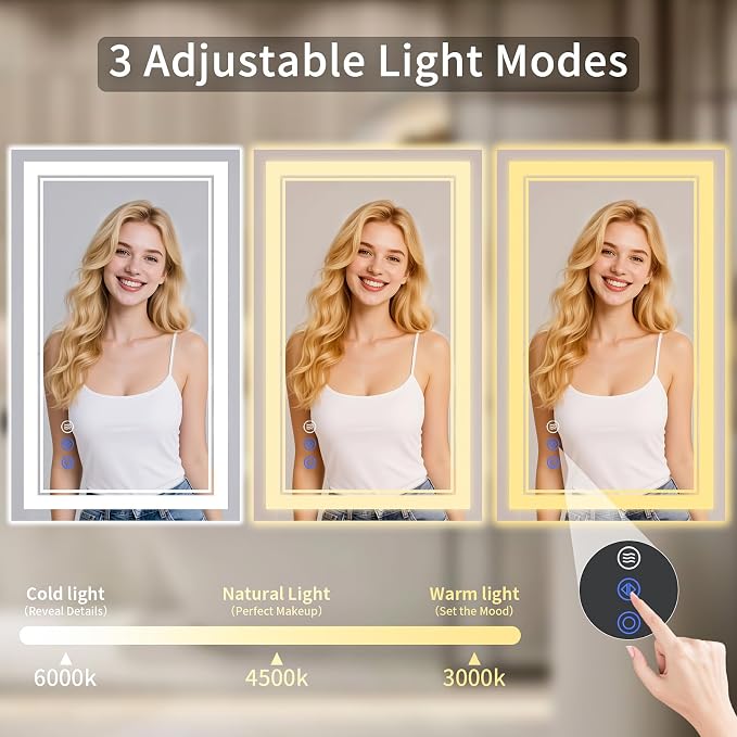 36"x36" LED Bathroom Mirror with Lights, Anti-Fog, Backlit + Front Lit, Dimmable, Led Vanity Mirror for Wall, 3 Colors, Memory Function, Shatter-Proof Tempered Glass