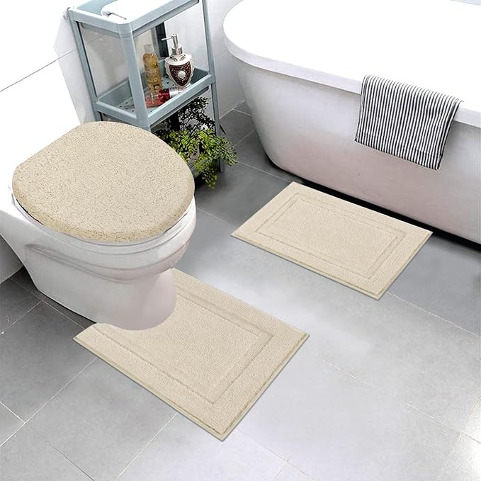 SHACOS Microfiber Bathroom Rugs Set of 3 with Toilet Lid Cover Non Slip | Washable Bath Mat Absorbent Bathroom Carpet 16"x24"+U Shape Toilet Rug 20"x24"+Toilet Lid Cover 19"x21", Light Beige