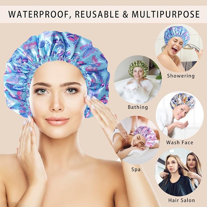 Shower Caps for Women, 4 PCS Reusable Waterproof Bath Cap | Double Layer, Washable, Wide Elastic Band, Holds Long Hair, Caps for Bath Accessories, Spa, Travel Home - Butterfly C