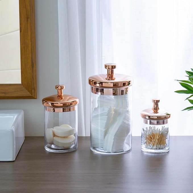 MyGift Glass Apothecary Cookie Jar Set with Copper Lid | Decorative Kitchen and Bath Storage Canisters, Wedding Centerpiece Jars, Candy Buffet with Lids