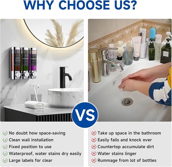 Shower Soap Dispenser Wall Mounted No Drill Shampoo Dispenser for Shower Wall Shampoo and Conditioner Dispenser Bathroom Hotel 3 * 300ml Chrome Self