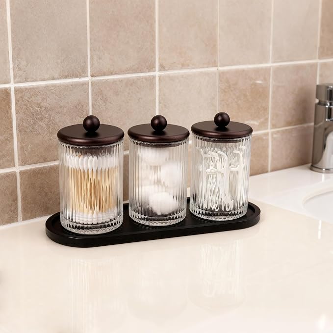 SheeChung 3 Pack Ribbed Glass Qtip Holder with Bamboo Tray & Metal Lids | Modern Industrial Bathroom Organizer Set for Cotton Rounds, Swabs, Flossers - Minimalist Vanity Storage Canister (Bronze )