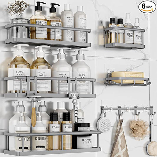 Shower Caddy Adhesive, Rustproof Shower Organizer with Soap Holder, Large Capacity Shower Shelves for Inside Shower, No Drilling Bathroom Organizers and Storage for Home Decor（6 Pack Grey）