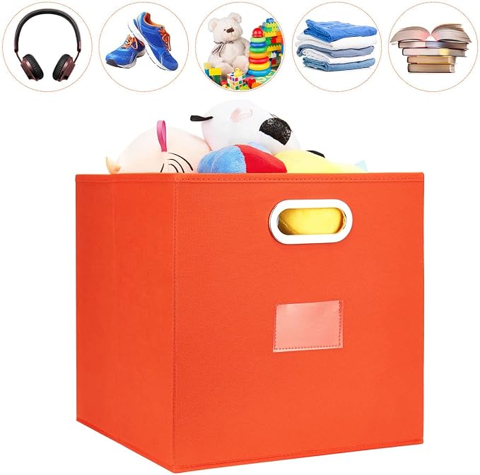 Foldable Cube Storage Bins Set of 4 Fabric Storage Boxes with Dual Metal Handles for Organizing Clothes, Toys, Towels 13x13x13 inch (13x13x13 inch, 4Pack Orange)