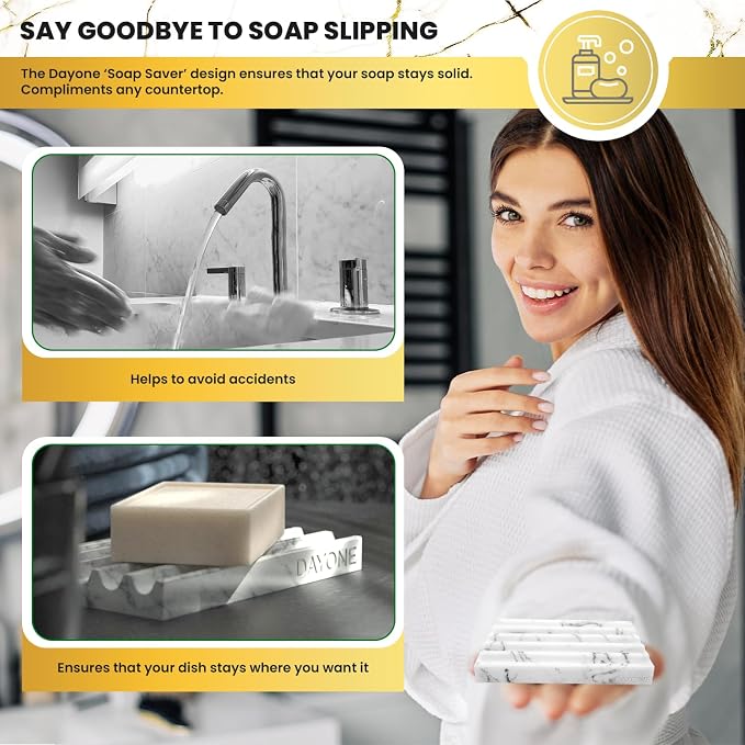 DAY1 Marble Soap Dish Tray – Bathroom Sink Soap Holder, Vanity Tray, Brush Organizer, Decorative Resin Dish for Kitchen, Countertop, Bathtub, Bar Soap, Sponges, Paint Brushes (White)
