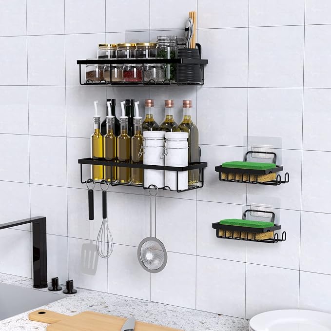 4 Pack Shower Caddy Shelf Organizer with Soap Holder, Stainless Steel Bathroom Shelves Basket with Adhesives/Screws, Hooks, Storage Rack for Kitchen Black