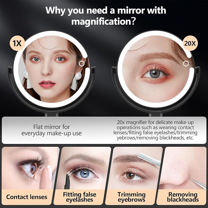 MIYADIVA Makeup Mirror with Lights,20X Magnifying Mirror with Light and Touch Switch,Vanity Mirror with 3 Color Light and 80 LEDs,2-Sided Lighted Magnified Mirrors 8.8 Inches, Black