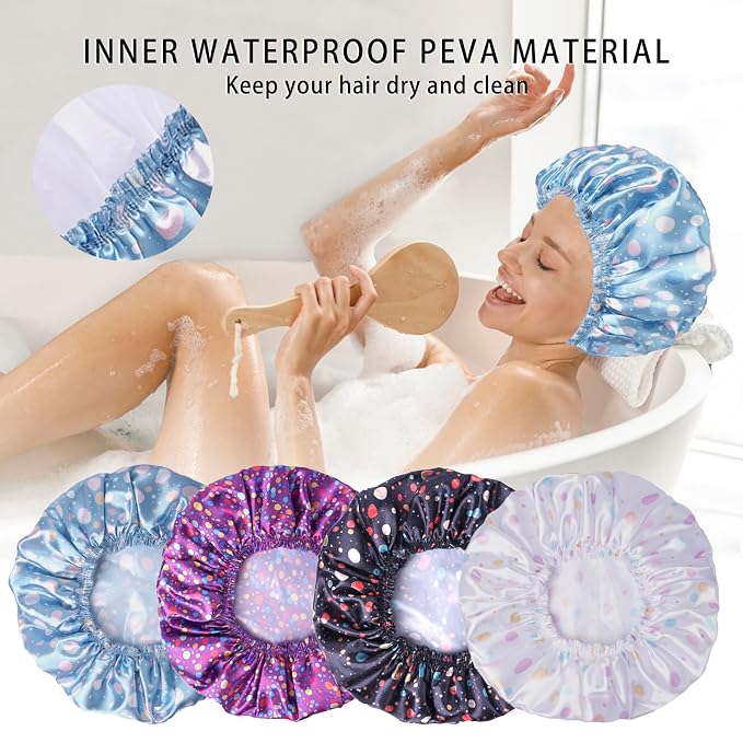 Shower Caps for Women, 4 PCS Reusable Waterproof Bath Cap | Double Layer, Washable, Wide Elastic Band, Holds Long Hair, Caps for Bath Accessories, Spa, Travel Home - Polka Dots