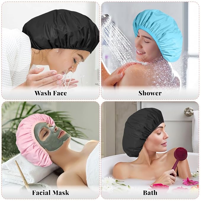 3 Pack Waterproof Shower Cap for Women, Reusable Bath Cap for Long Hair, Comfortable Hair Cap for Shower and Home Use