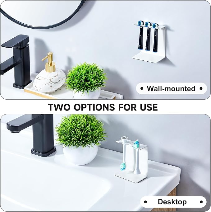 Electric Toothbrush Head Holder, Oukimly Toothbrush Holder Wall Mounted or Desktop, Metal Tooth Brush Holder, Shower Brush Head Holder, Electric Toothbrush Holder for Bathroom (White, Small)