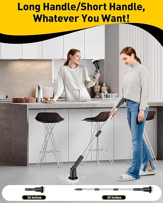 Electric Spin Scrubber for Bathroom, Shower Scrubber with Long Handle | Shower Cleaner Brushes, IPX7 Waterproof & 2 Speed, 3 Brush Heads, 90min Runtime, Bathroom Cleaning Supplies for Toilet Tub