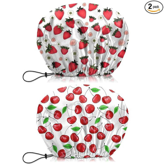 2 PCS Shower Cap Waterproof Double Layer Elastic Adjustable Reusable Hair Bath Caps for Girls Women Cute Aesthetic-Pink