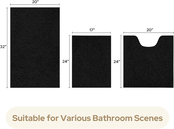 HOMEIDEAS Black Chenille Bathroom Rugs Set of 3, Non Slip Bath Mat | Super Absorbent, Soft Microfiber, Machine Washable, Stain Resistant, for Bathroom Decor