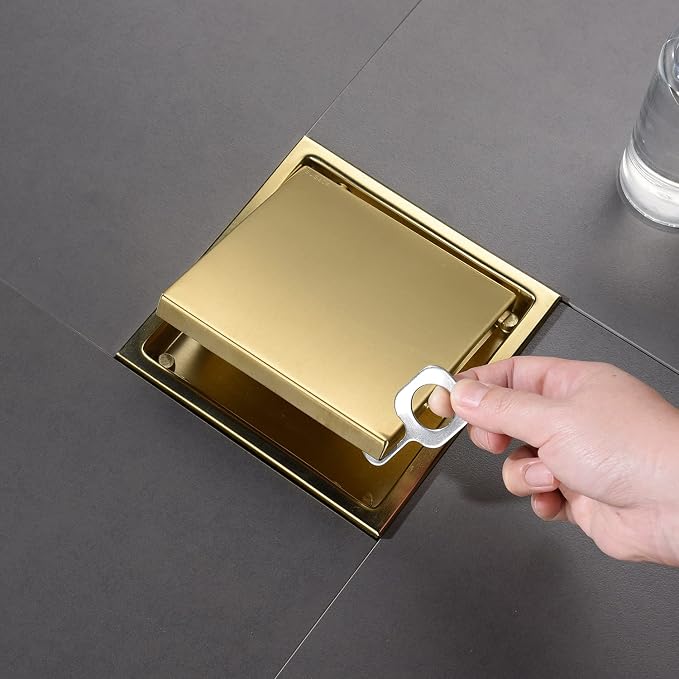 6 Inch Square Invisible Shower Floor Drain Gold, Detachable Bathroom Floor Drain Flange, Insert Tiles for Filtering in The Grille Plate Cover, SUS304 Stainless Steel Wire Drawing