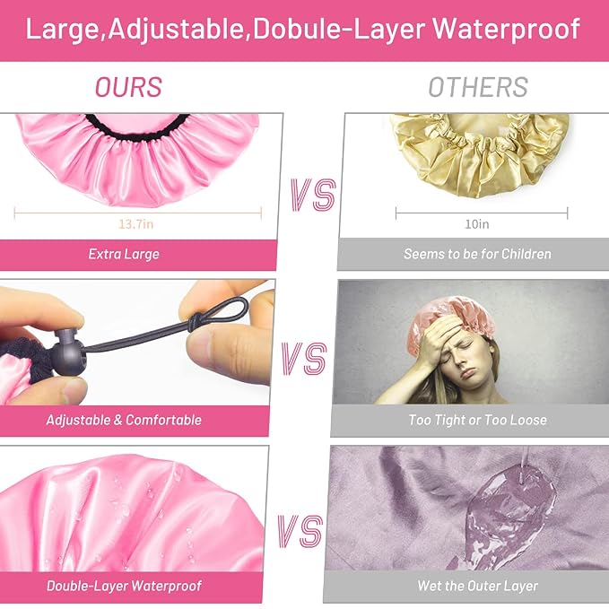 Auban Shower Cap for Women, Adjustable Reusable, Extra Large, Double-Layer Waterproof Bathing Cap, Waterproof Exterior, EVA Lining, Hair Cap for All Hair Lengths, 3 Colors