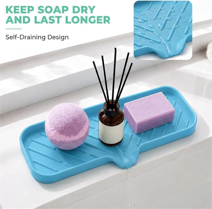 MicoYang Silicone Soap Dish with Drain Spout — Self-Draining Double Sink Organizer Tray for Kitchen & Bath, Dispensers, Sponges & Soap Holder, Non-Slip & Dishwasher Safe, Light Blue (Large, 12"×4")