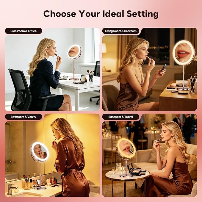 30X Makeup Mirror with Lights, Brightness Adjustable with 3 Colors, Double Sided Magnifying Mirror with 360° Rotation, Lighted Makeup Mirror with Magnification, Ideal Gift for Her - Rose Gold
